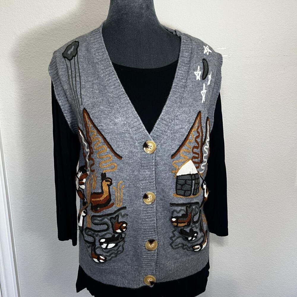 Handmade Whimsical Embroidered Sweater Vest Grey Cottagecore
